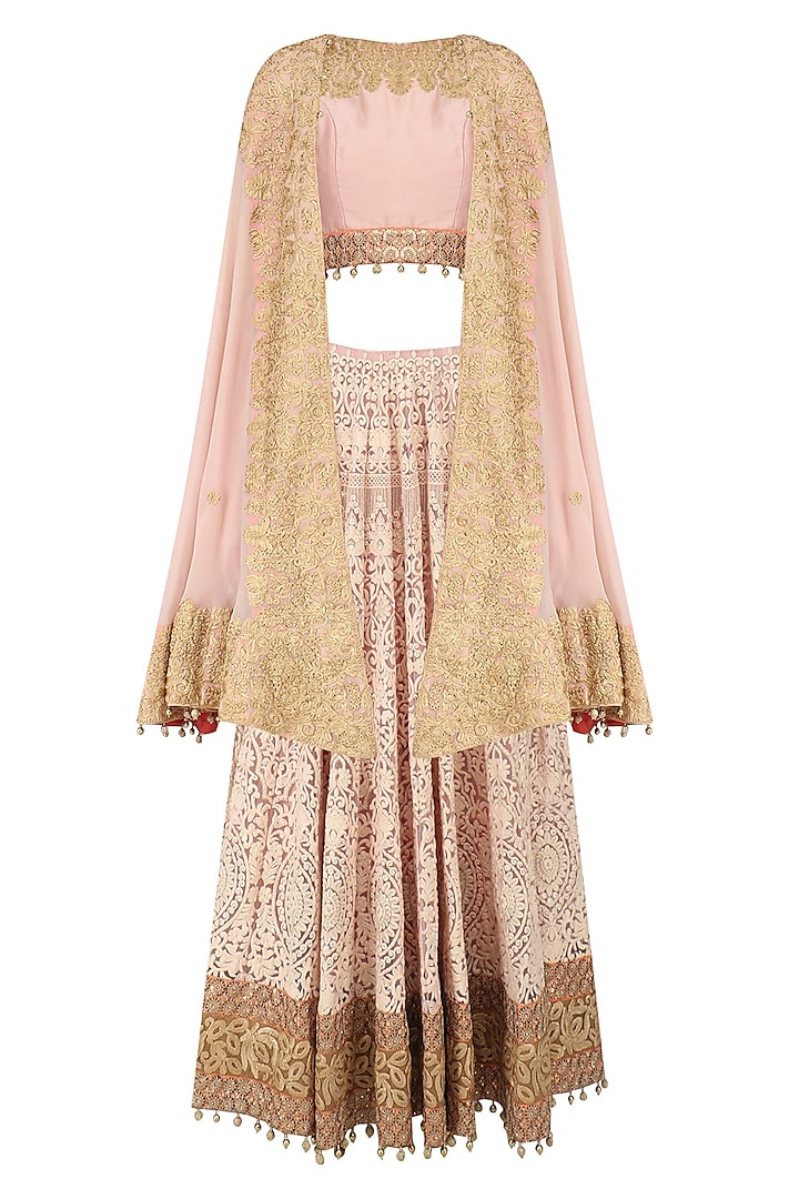 Blush Pink Embroidered Lehenga Set with High Low Cape by Jyoti Sachdev Iyer