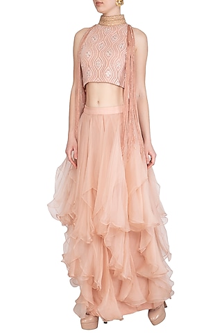 Blush Pink Embellished Lucknowi Blouse With Layered Skirt by Jyoti Sachdev Iyer