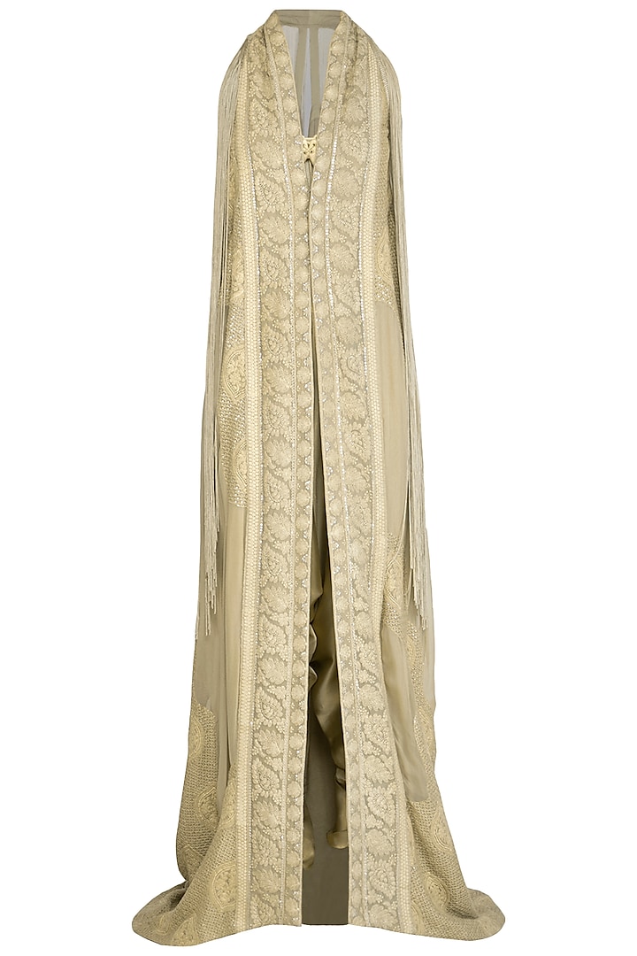 Beige Embellished Lucknowi Long Jacket With Dhoti Pants by Jyoti Sachdev Iyer