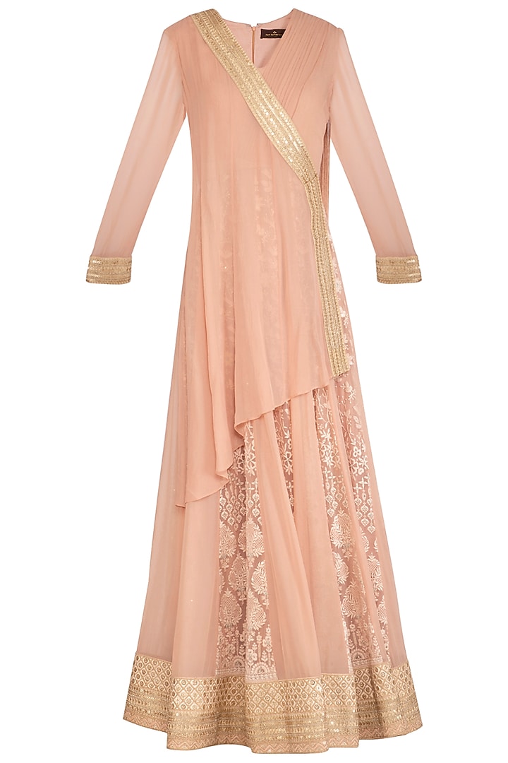 Blush Pink Angrakha Lucknowi Kurta With Skirt by Jyoti Sachdev Iyer at Pernia's Pop Up Shop