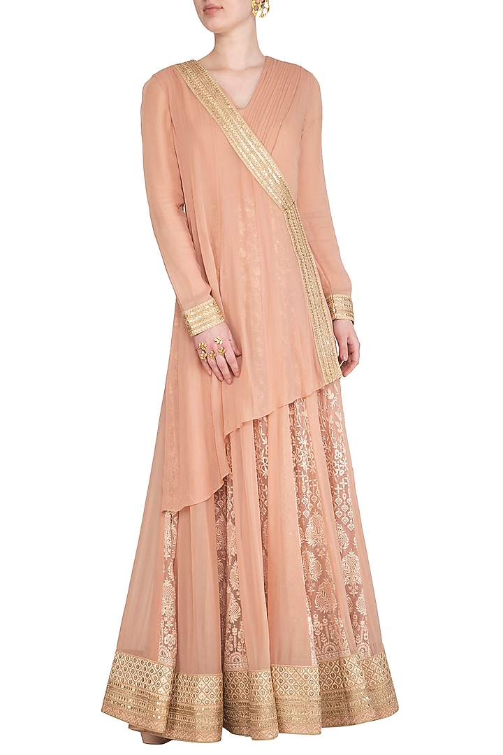 Blush Pink Angrakha Lucknowi Kurta With Skirt by Jyoti Sachdev Iyer at Pernia's Pop Up Shop