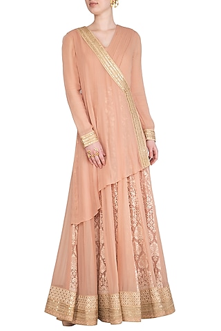 Blush Pink Angrakha Lucknowi Kurta With Skirt by Jyoti Sachdev Iyer