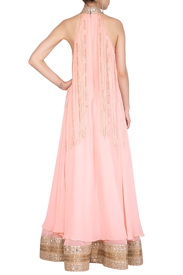 Blush Pink Embellished Halter Wedding Anarkali With Churidaar Pants by Jyoti Sachdev Iyer at Pernia's Pop Up Shop