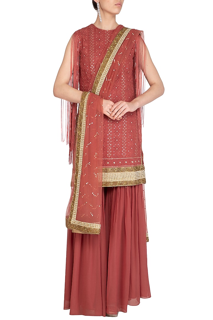 Rust Red Lucknowi Gharara Set by Jyoti Sachdev Iyer at Pernia's Pop Up Shop