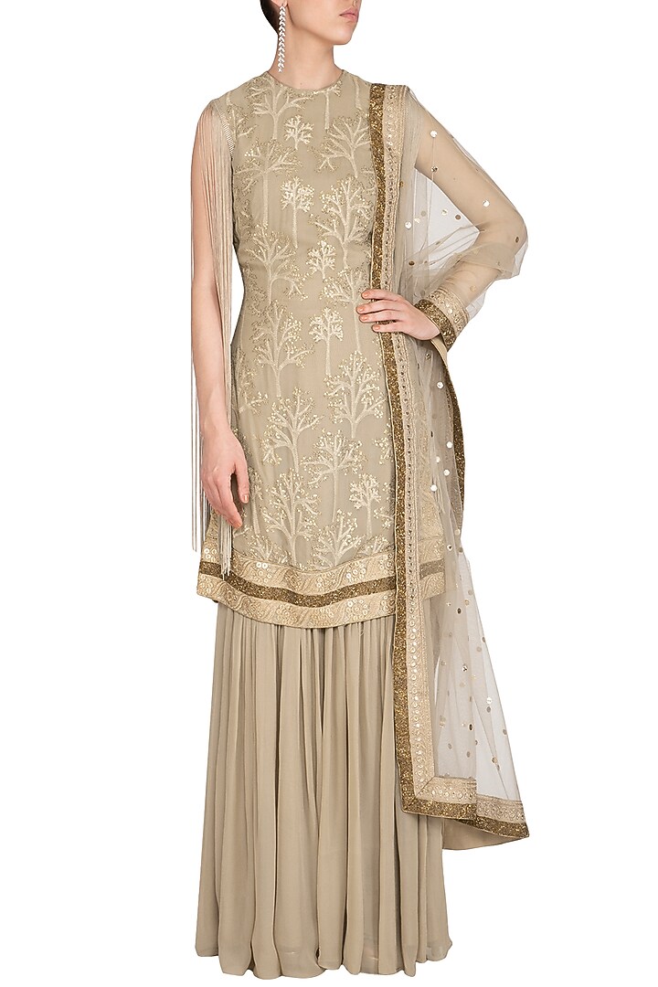 Beige Lucknowi Gharara Set by Jyoti Sachdev Iyer at Pernia's Pop Up Shop