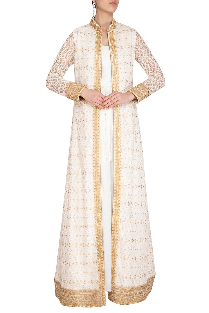Ivory & White Lucknowi Jacket With Kurta by Jyoti Sachdev Iyer at Pernia's Pop Up Shop