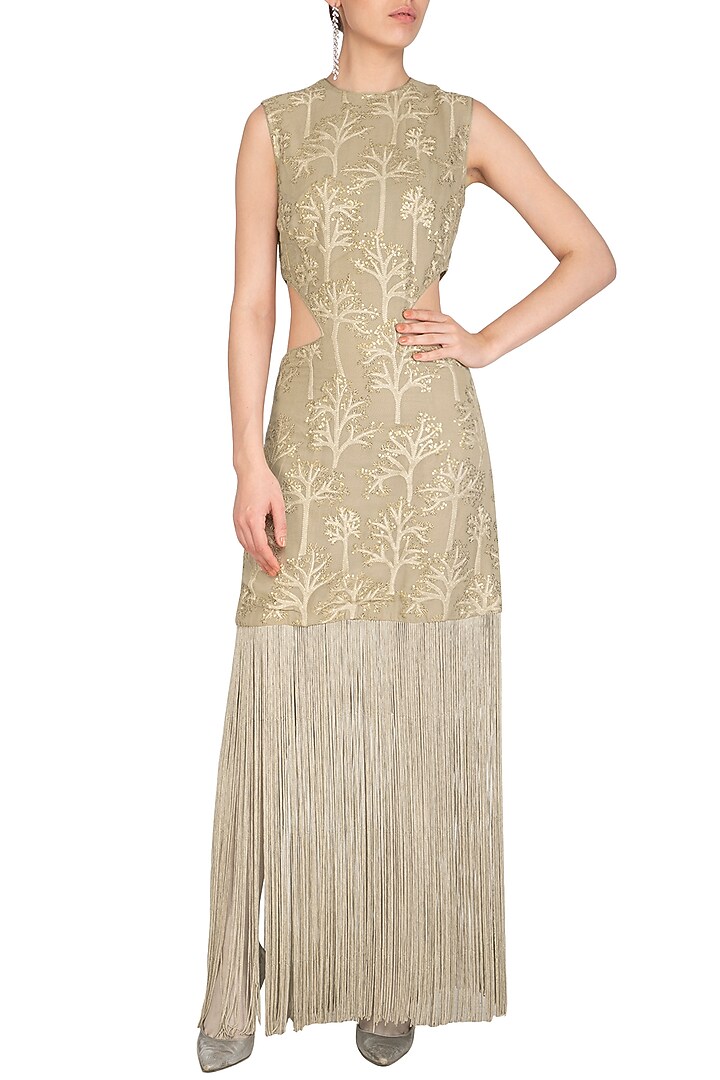 Green Beige Tassel Embellished Lucknowi Dress by Jyoti Sachdev Iyer at Pernia's Pop Up Shop