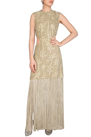 Green Beige Tassel Embellished Lucknowi Dress by Jyoti Sachdev Iyer