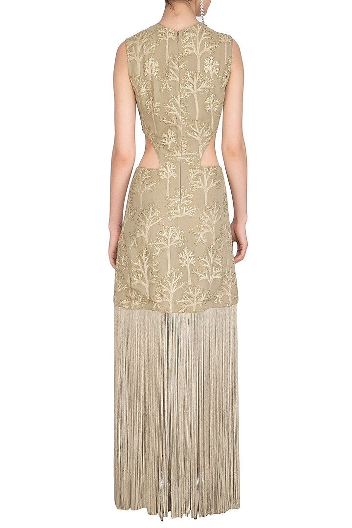 Green Beige Tassel Embellished Lucknowi Dress by Jyoti Sachdev Iyer at Pernia's Pop Up Shop