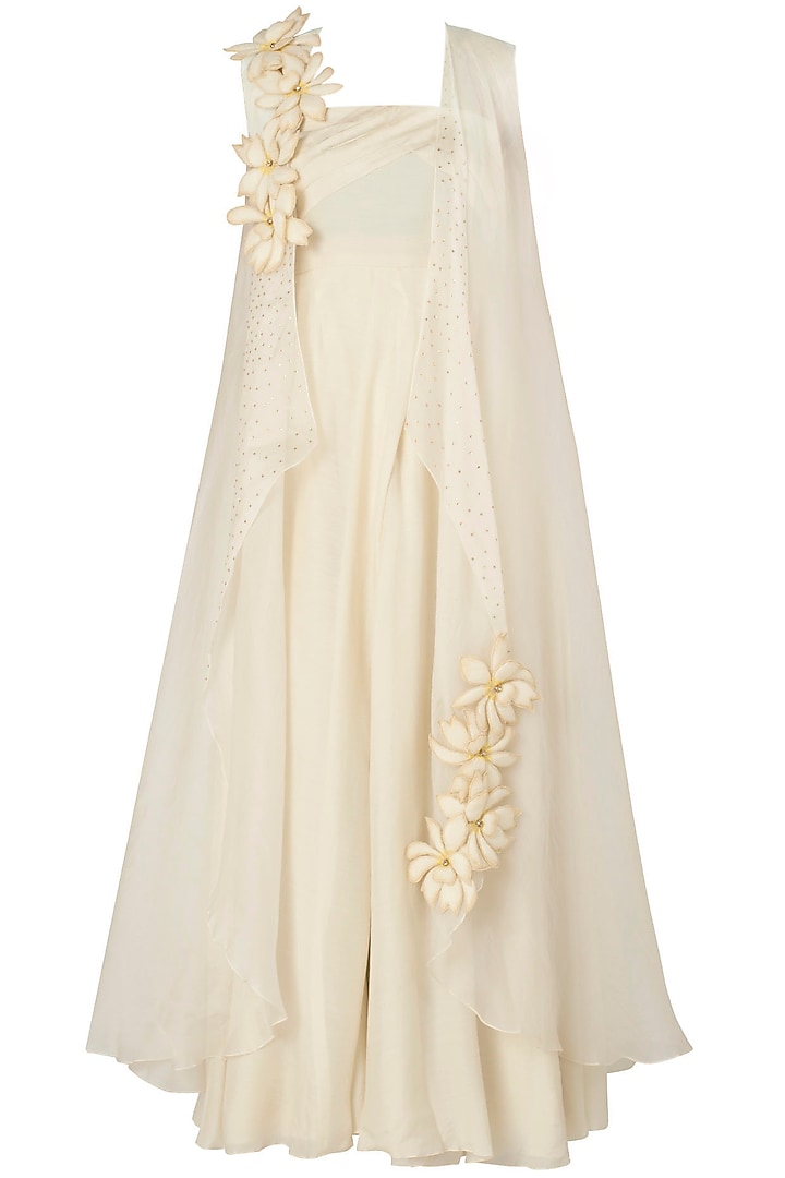 Ivory Embroidered Drape Dress with Cape by Jyoti Sachdev Iyer