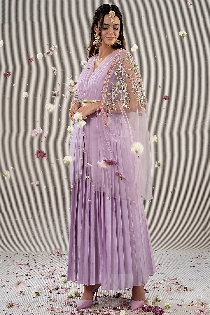 Lavender Chanderi Pleated Dress With Cape by Jyoti Sachdev Iyer