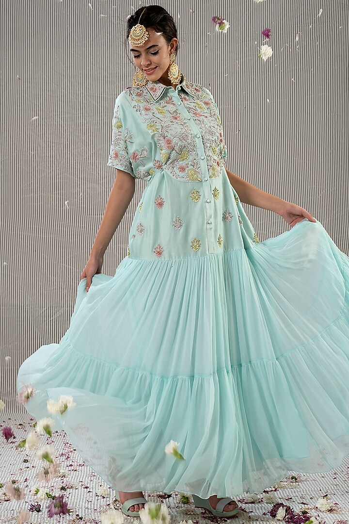 Blue Embroidered Tiered Dress by Jyoti Sachdev Iyer