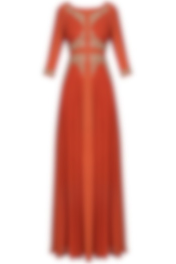 Rust red zari and thread embroidered anarkali set available only at Pernia's Pop Up Shop.