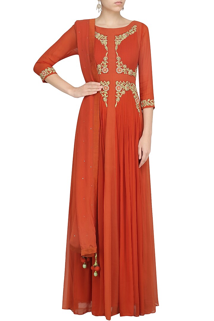 Rust red zari and thread embroidered anarkali set available only at Pernia's Pop Up Shop.