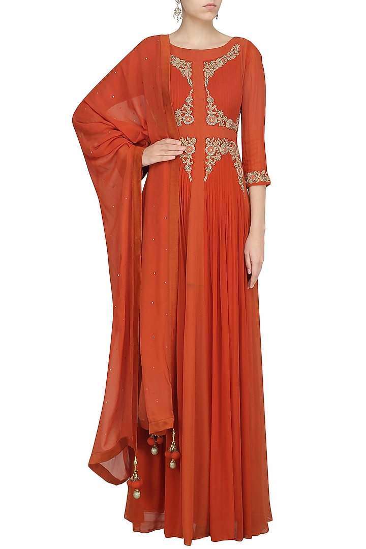 Rust red zari and thread embroidered anarkali set available only at Pernia's Pop Up Shop.