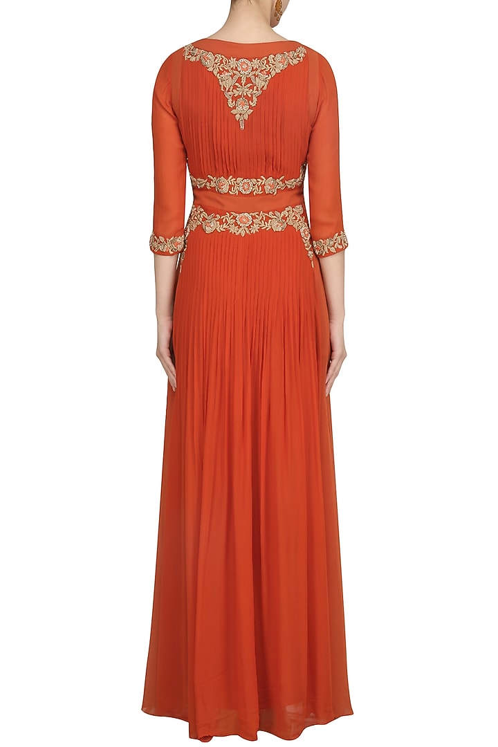 Rust red zari and thread embroidered anarkali set available only at Pernia's Pop Up Shop.