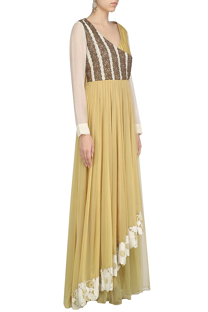 Beige hand embroiderd asymmetric anarkali set available only at Pernia's Pop Up Shop.