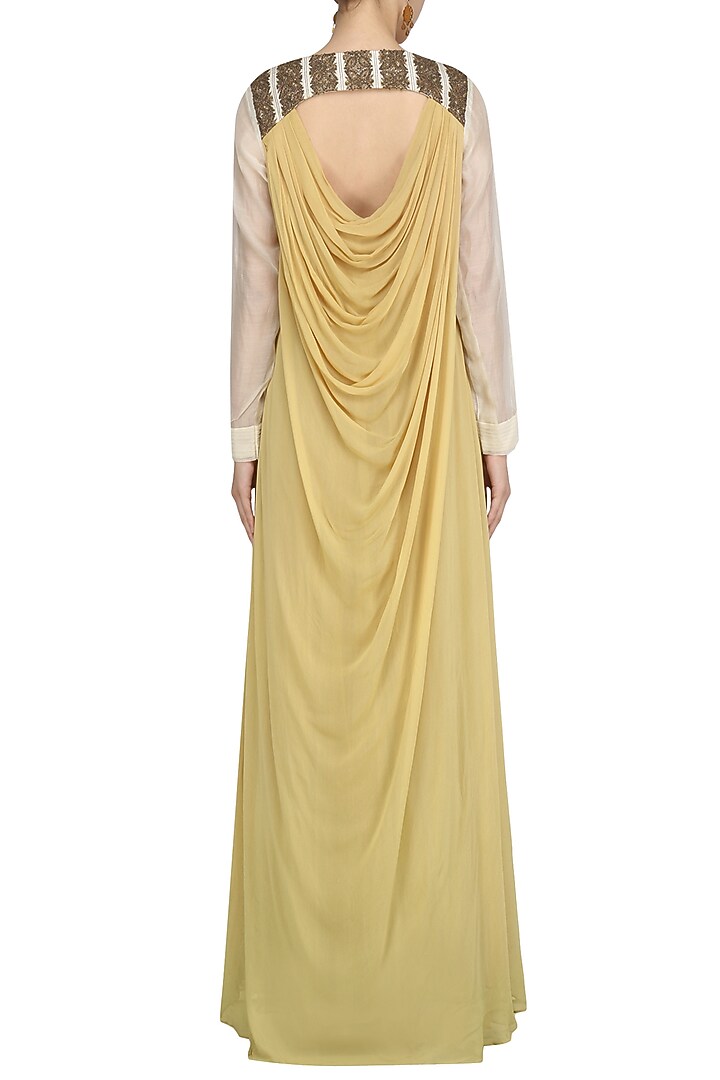Beige hand embroiderd asymmetric anarkali set available only at Pernia's Pop Up Shop.
