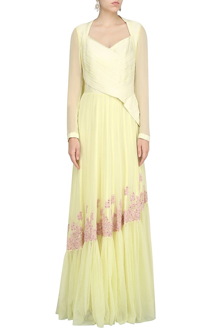 Lemon yellow thread embroidery asymmetrical anarkali set available only at Pernia's Pop Up Shop.
