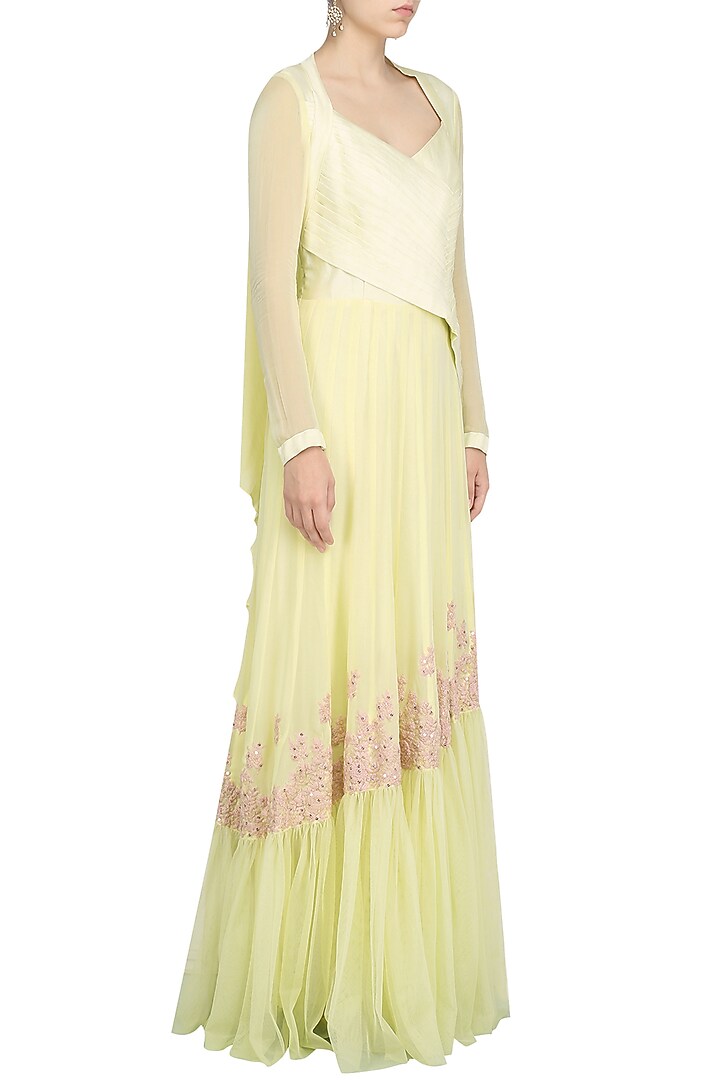 Lemon yellow thread embroidery asymmetrical anarkali set available only at Pernia's Pop Up Shop.