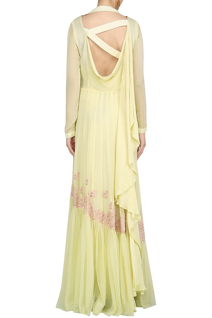 Lemon yellow thread embroidery asymmetrical anarkali set available only at Pernia's Pop Up Shop.