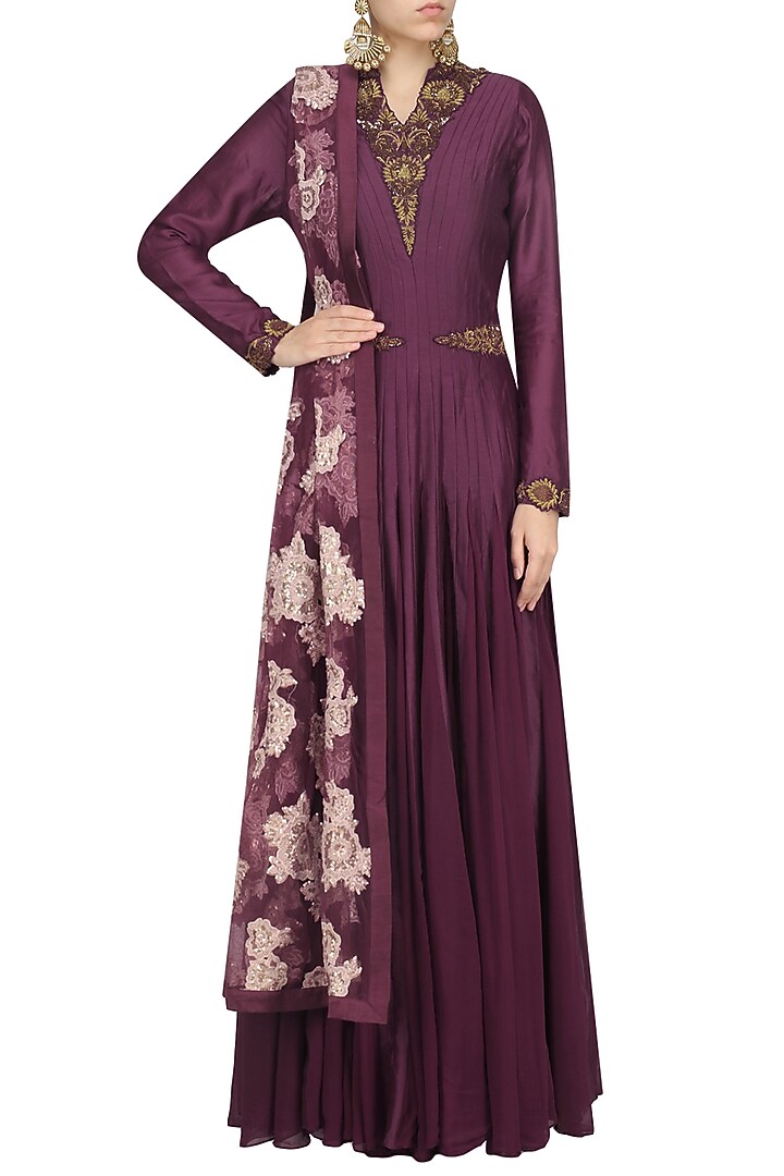 Wine embroidered anarkali set available only at Pernia's Pop Up Shop.