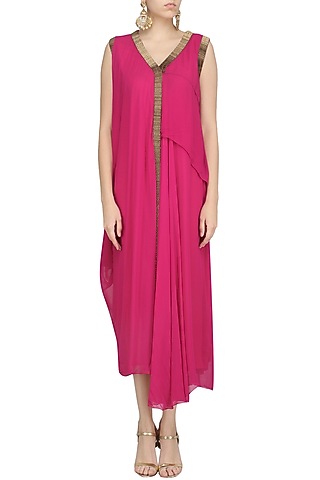 Red Metal Work Drape Dress by Jyoti Sachdev Iyer