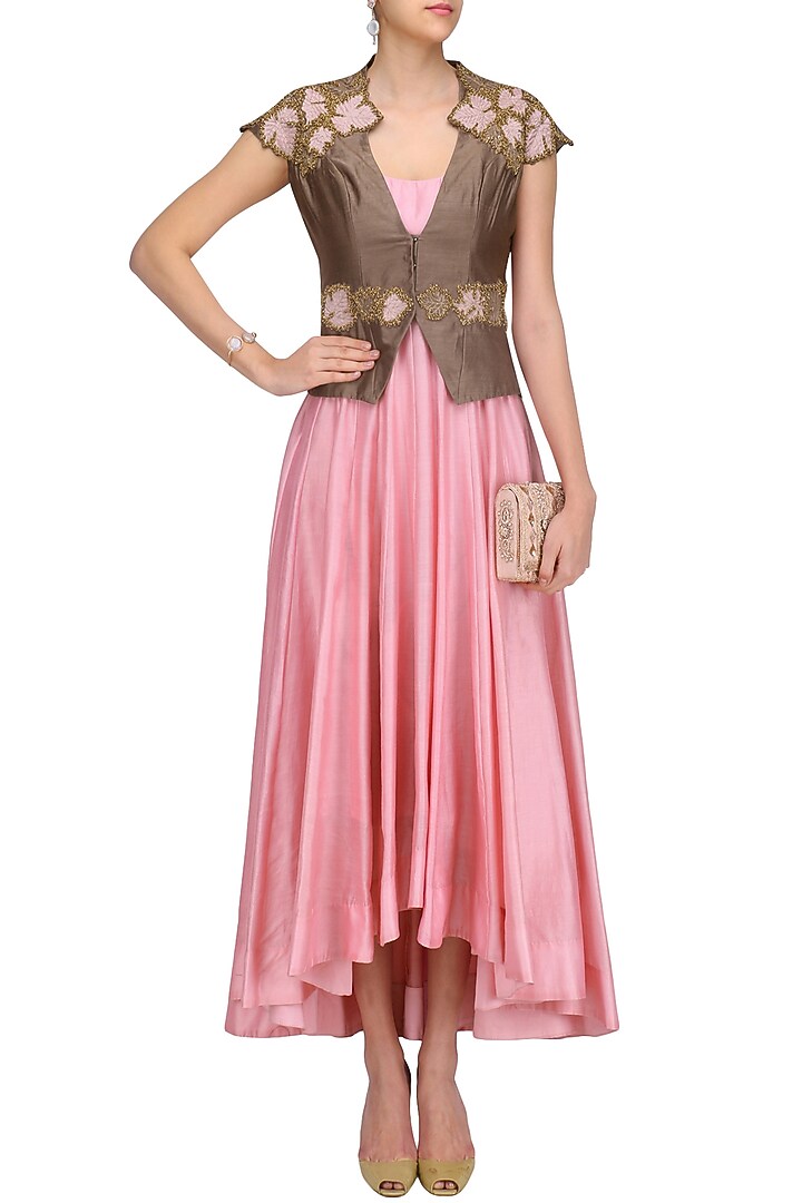 Pink asymmetrical anarkali with leaf embroidered jacket available only at Pernia's Pop Up Shop.