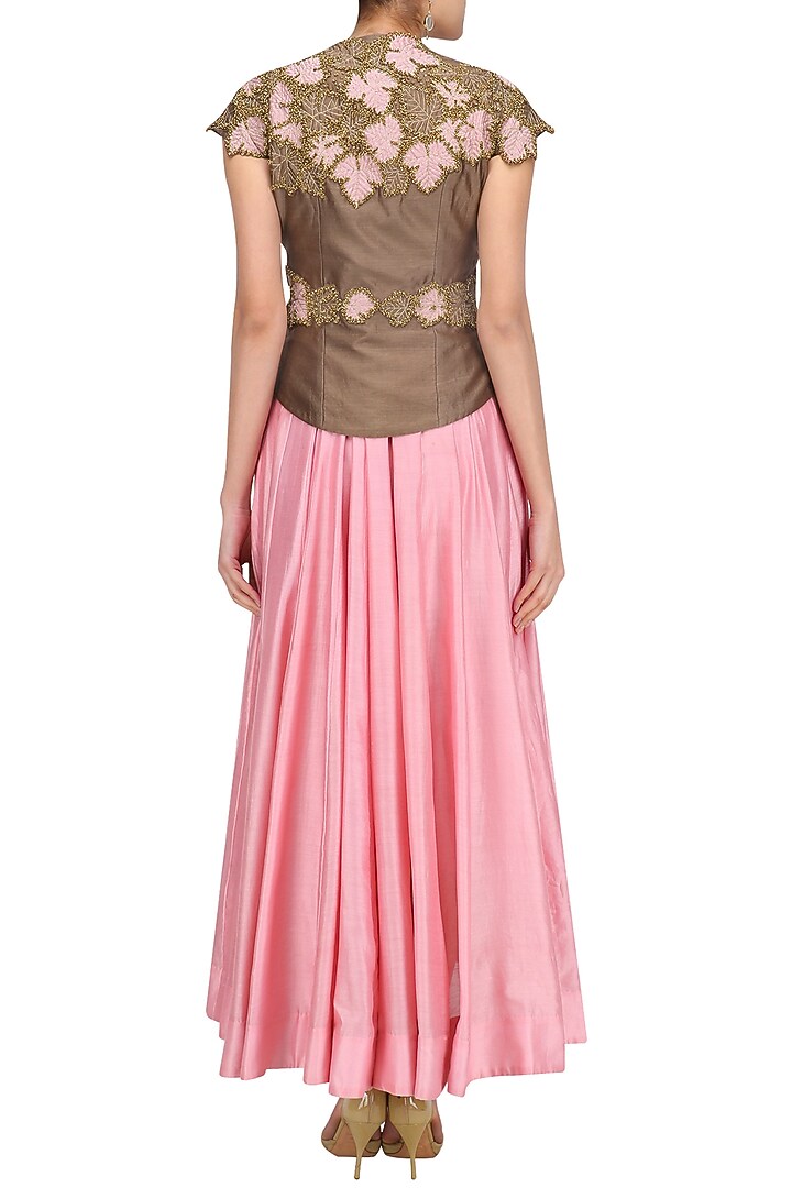 Pink asymmetrical anarkali with leaf embroidered jacket available only at Pernia's Pop Up Shop.