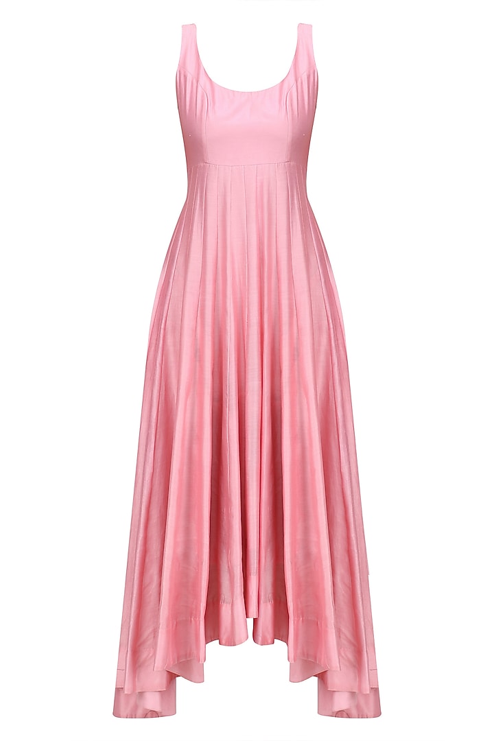 Pink asymmetrical anarkali with leaf embroidered jacket available only at Pernia's Pop Up Shop.