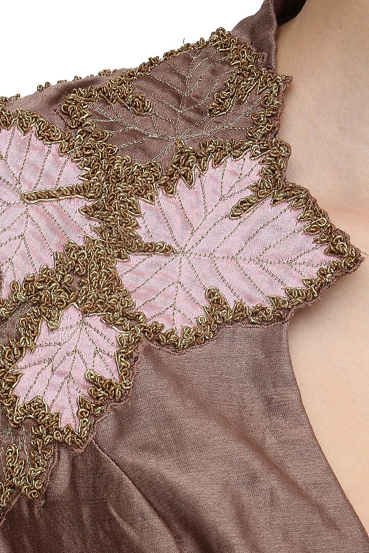 Pink asymmetrical anarkali with leaf embroidered jacket available only at Pernia's Pop Up Shop.