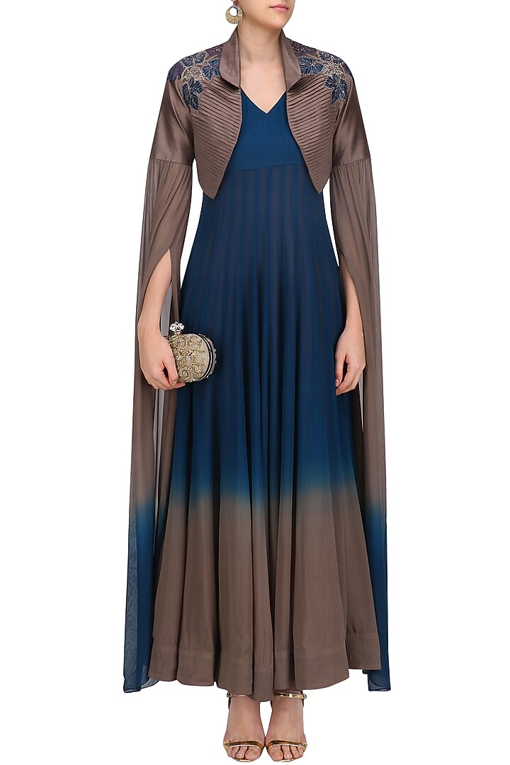 Navy blue and gunmetal ombre anarkali with floral work jacket available only at Pernia's Pop Up Shop.