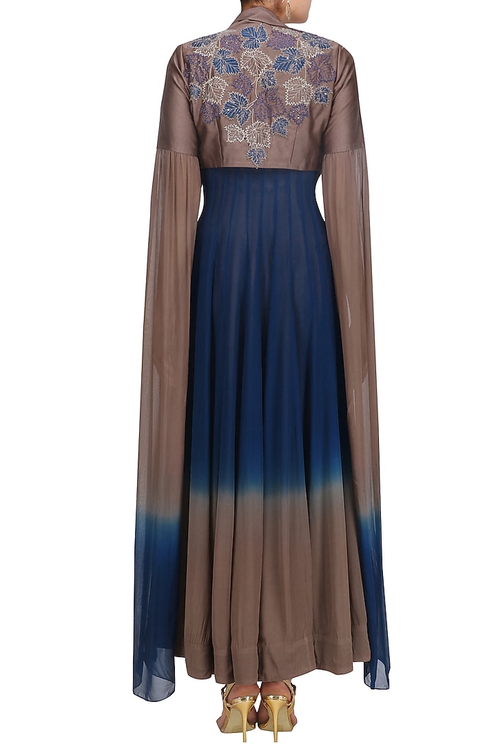 Navy blue and gunmetal ombre anarkali with floral work jacket available only at Pernia's Pop Up Shop.