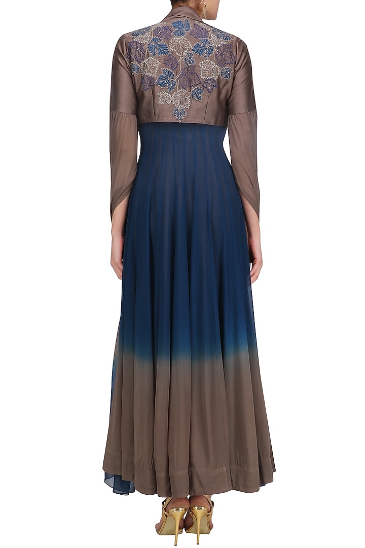 Navy blue and gunmetal ombre anarkali with floral work jacket available only at Pernia's Pop Up Shop.