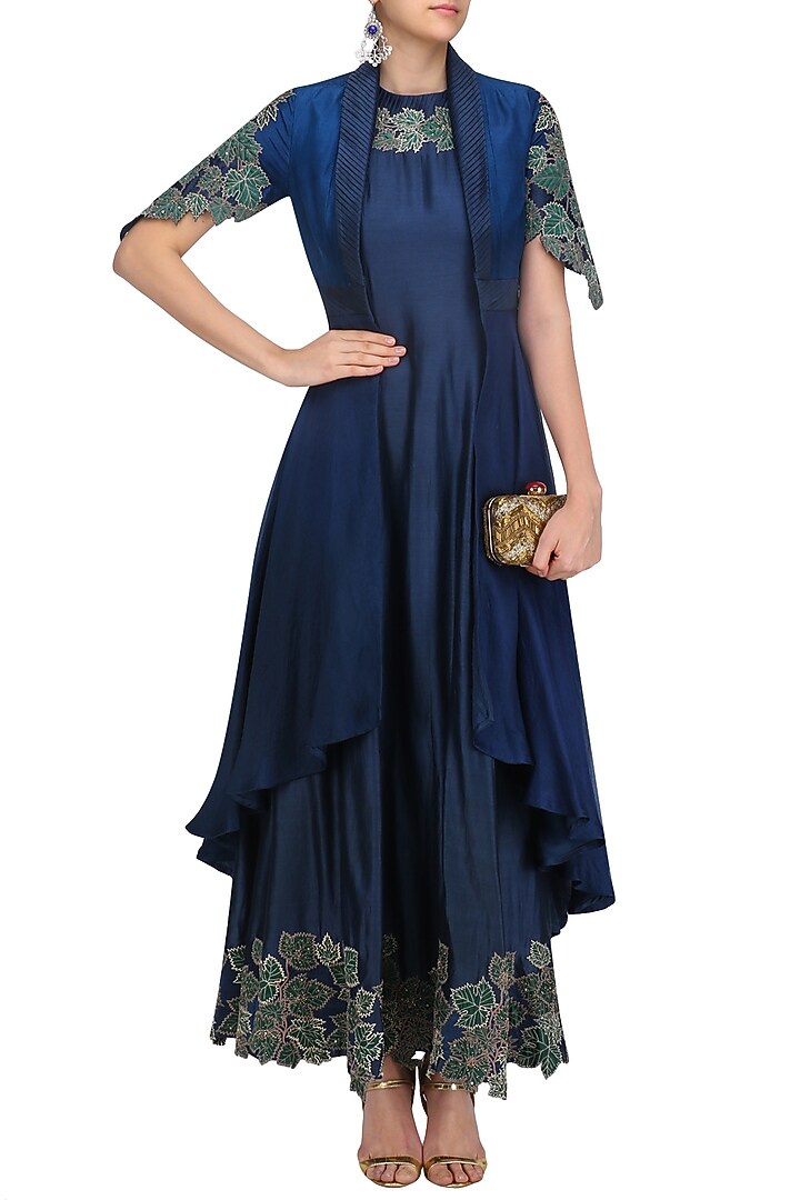 Navy blue and emerald green anarkali with floral work jacket available only at Pernia's Pop Up Shop.