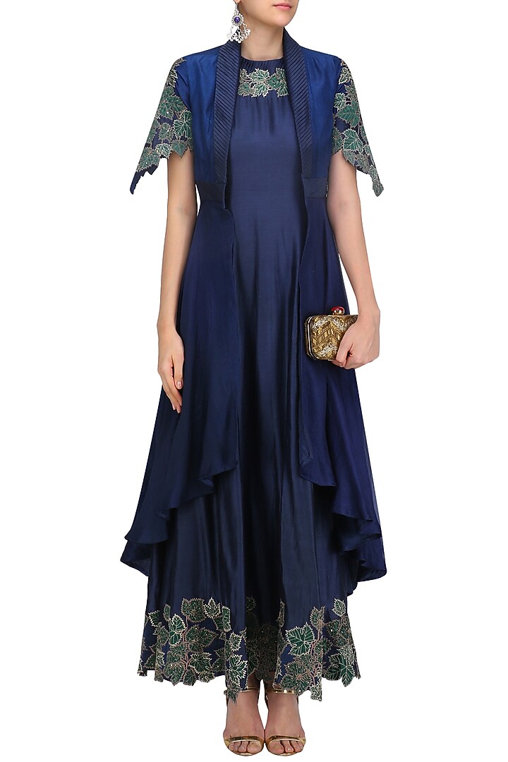 Navy blue and emerald green anarkali with floral work jacket available only at Pernia's Pop Up Shop.