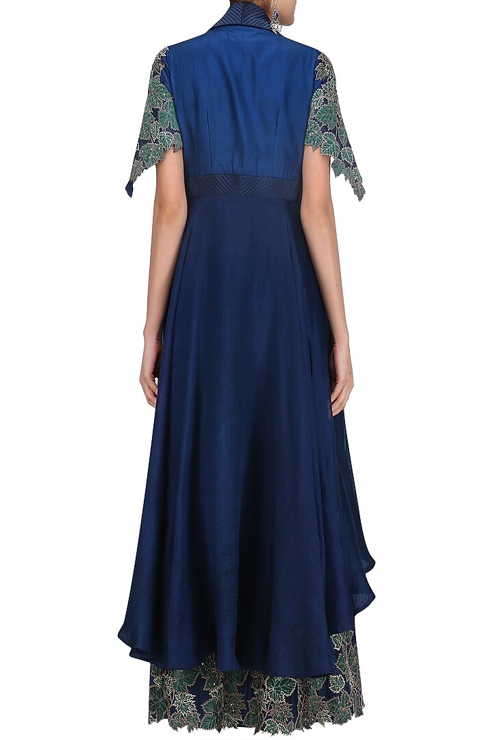 Navy blue and emerald green anarkali with floral work jacket available only at Pernia's Pop Up Shop.