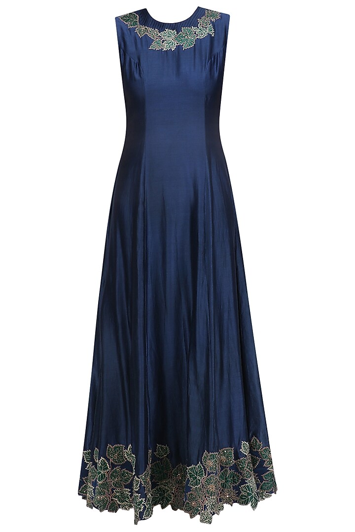 Navy blue and emerald green anarkali with floral work jacket available only at Pernia's Pop Up Shop.