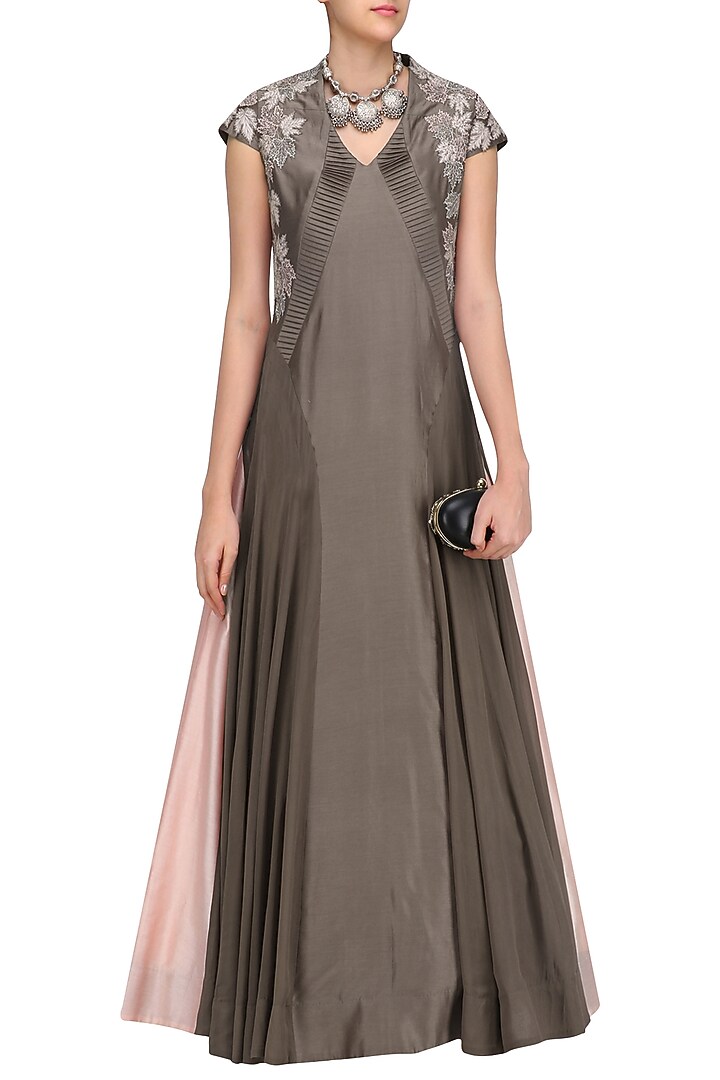 Pink and gunmetal floral embroidered layered anarkali kurta available only at Pernia's Pop Up Shop.