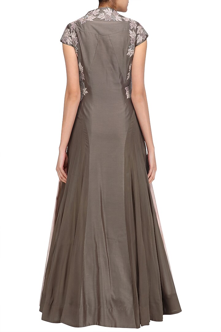 Pink and gunmetal floral embroidered layered anarkali kurta available only at Pernia's Pop Up Shop.
