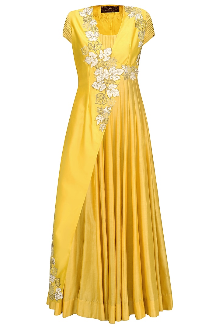 Mustard Yellow Anarkali with Floral Embroidered Jacket by Jyoti Sachdev Iyer