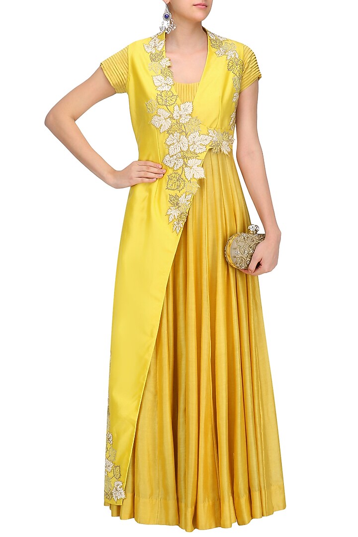 Mustard yellow anarkali with floral embroidered jacket available only at Pernia's Pop Up Shop.
