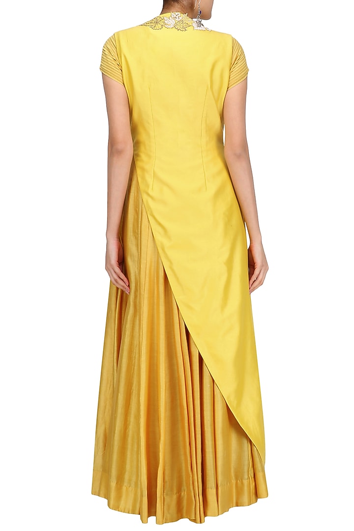 Mustard yellow anarkali with floral embroidered jacket available only at Pernia's Pop Up Shop.