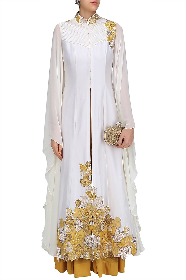 Ivory and mustard yellow anarkali with floral cutwork jacket available only at Pernia's Pop Up Shop.
