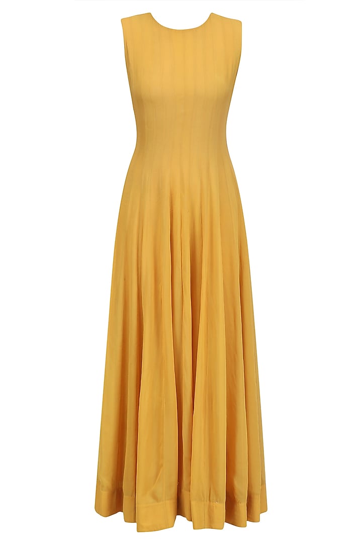 Ivory and mustard yellow anarkali with floral cutwork jacket available only at Pernia's Pop Up Shop.