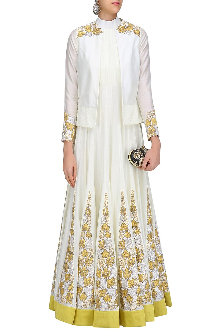 Ivory floral embroidered kalidaar anarkali and jacket set available only at Pernia's Pop Up Shop.