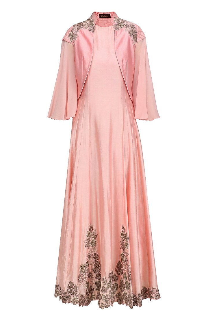 Pink and emerald green floral cutwork anarkali and jacket set available only at Pernia's Pop Up Shop.