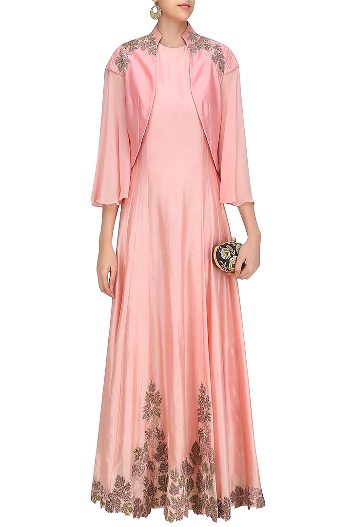 Pink and emerald green floral cutwork anarkali and jacket set available only at Pernia's Pop Up Shop.