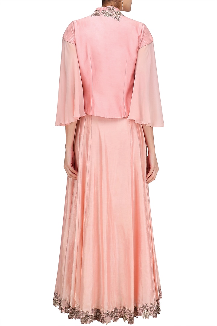 Pink and emerald green floral cutwork anarkali and jacket set available only at Pernia's Pop Up Shop.