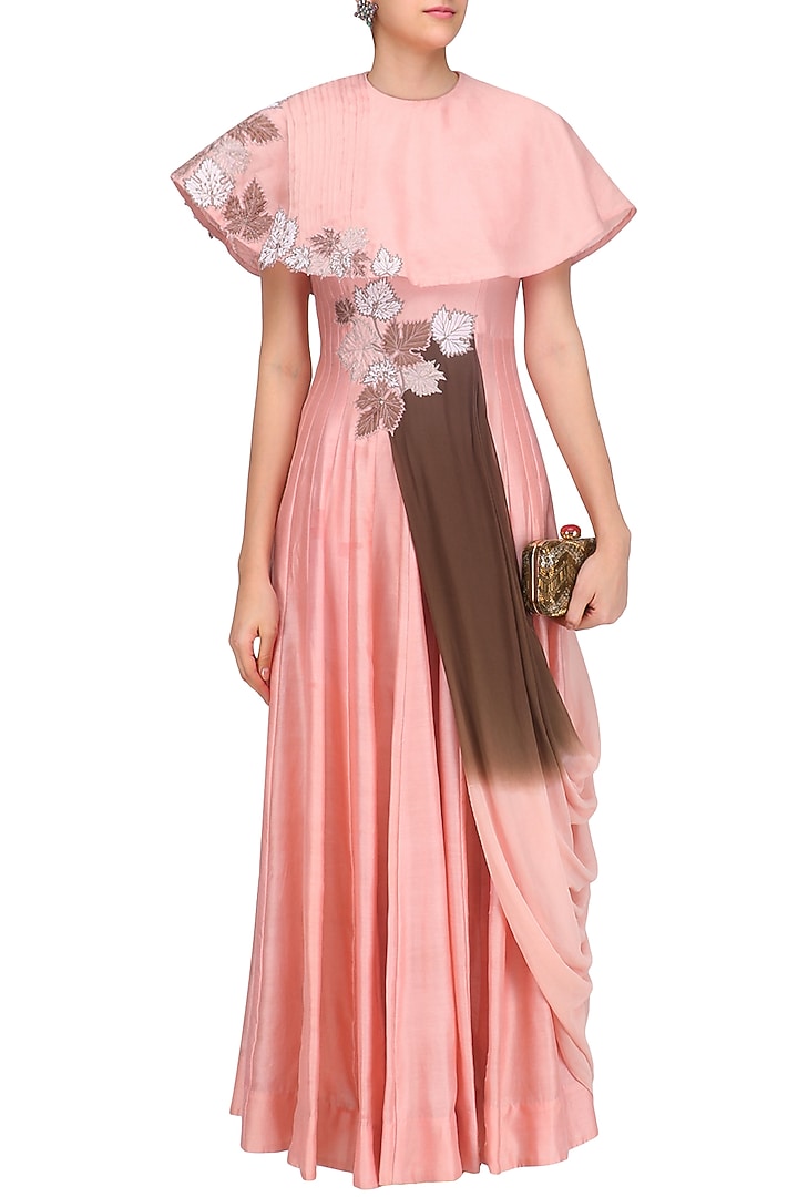 Pink ombre drape anarkali with floral embroidered short cape available only at Pernia's Pop Up Shop.